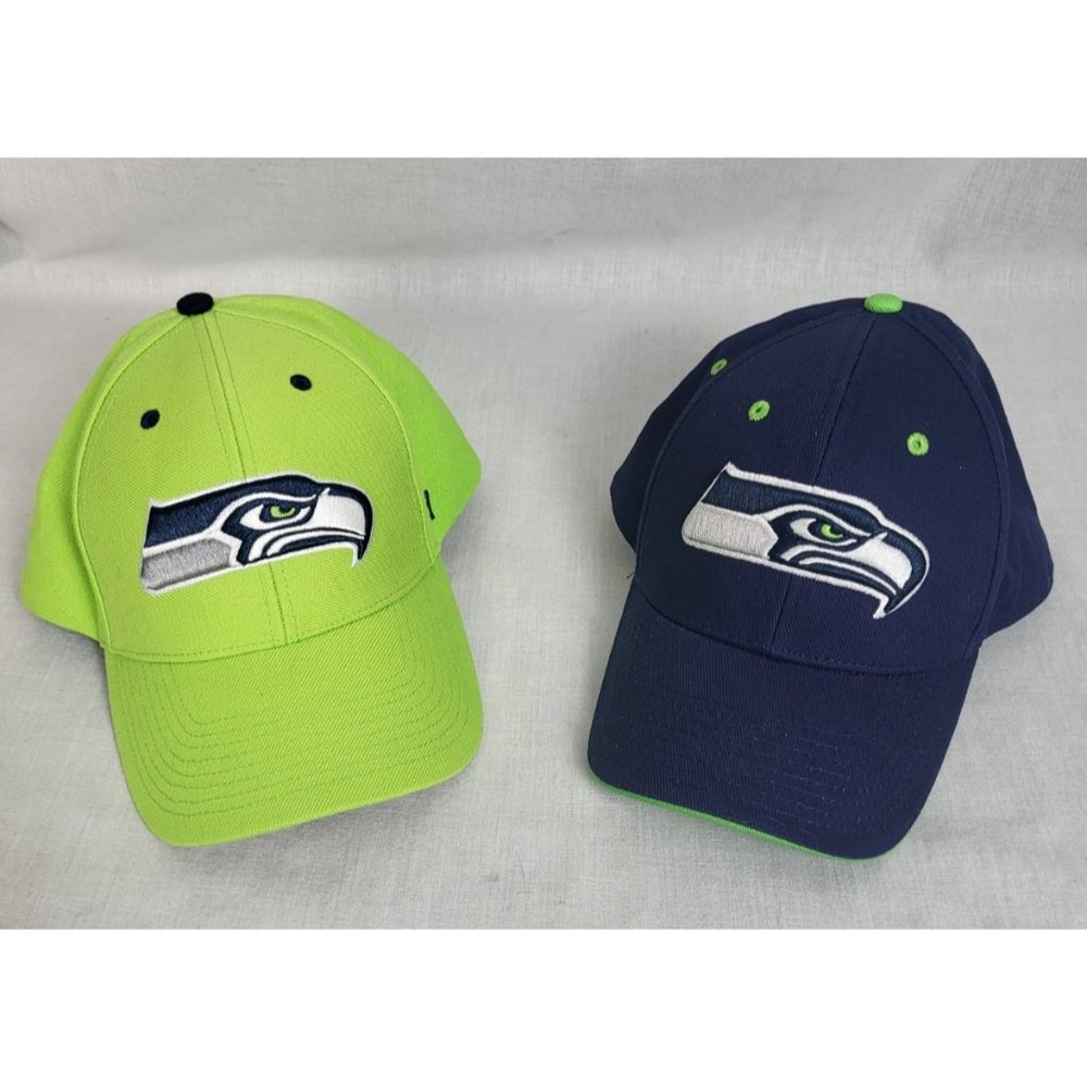 (2)  NFL Seattle Seahawks Adjustable Hats Caps Green and blue Football One Size